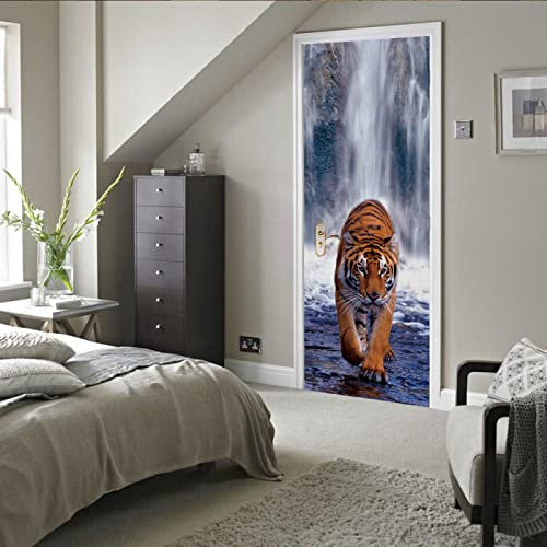 Türtapete Selbstklebend Wasserfall Tiger 3d Türaufkleber Wandbilder Türposter Fototapete PVC DIY Türbild Vinyl Wasserdichte Entfernbar Mauer Aufkleber Zuhause Dekor B77 x H200cm