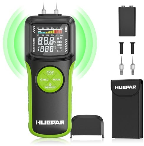 Feuchtigkeitsmessgerät, Huepar Pin & Pinless Feuchtigkeitsmesser Detector für Holz oder Baustoff, Feuchtigkeitsdetektor Detector mit LCD-Display für Holz Brennholz Wände Baustoffen, M03