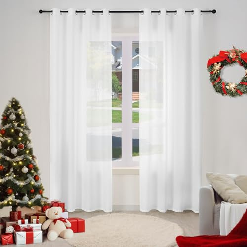 WOLTU Gardinen mit Ösen Leinenoptik Vorhang halbtransparent 135x225cm Weiß | 2er Set, Ösenschal und Dekoschal für Wohnzimmer Schlafzimmer, moderne Stores mit weichem Licht, Länge 225 cm