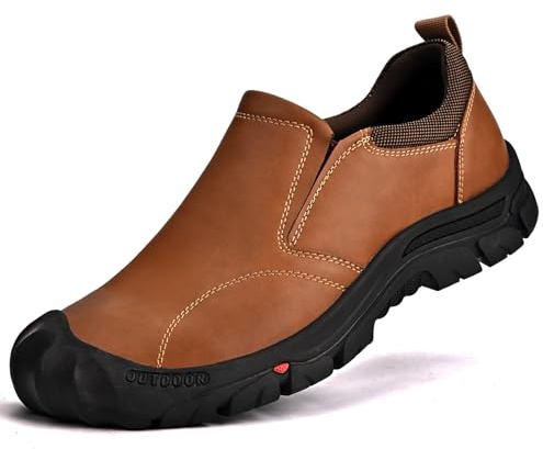 UPIShi Men's Waterproof Slip On Leather Hiking Outdoor Walking Casual Loafers Work Shoes Brown 11