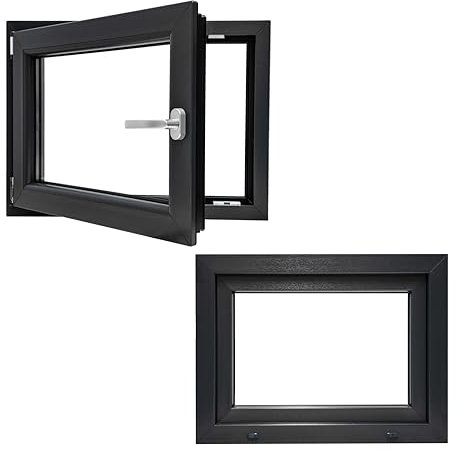 Kunststofffenster PVC Wärmedämmend Fenster Garagenfenster Kellerfenster Billig Günstig Alupl Neo Energeto Dreh Kipp 2-Fach Verglasung Innen und Außen Anthrazit 50x90cm 500x900mm DIN Links Hersteller