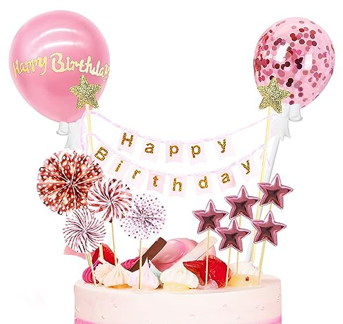 MFCGHXR Cake Topper Decorations Set, 12 PCS Happy Birthday Cake Topper Bunting Flags Banner with Pink Balloons, Stars, Sunflowers Birthday Party Cupcake Topper Ornaments