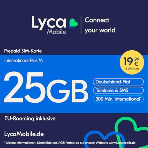 Lycamobile International Plus M Prepaid SIM Karte ohne Vertrag inkl. 25 GB Datenvolumen
