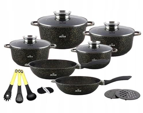 Zilner Set de casseroles en aluminium doré 17 éléments, pour tous les types de feux, idéal pour offrir, set de casseroles à induction, casseroles revêtues