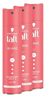 Schwarzkopf Taft Haarspray Glanz (3x 250 ml), Haltegrad 4 Haarstyling, Haarspray für alle Haartypen, strahlender Glanz und Gloss Finish, vegane Formel*