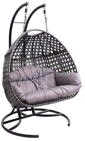 Allpax Doppel-Hängesessel Größe XL - geeignet für In- und Outdoor - bis 300 kg - Korb aus Polyrattan mit Gestell und Sitzkissen - Hängekorb, Hängestuhl, Schwebesessel, Hängeschaukel