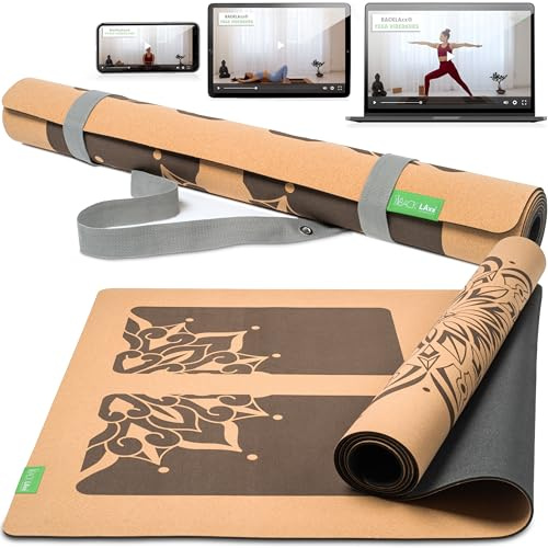 BACKLAXX® Yogamatte Kork XXL mit Naturkautschuk, rutschfeste Korkmatte | Yogamatten XXL: 50% mehr Fläche, Oberseite Kork, Naturkautschuk 4 mm, Anti-Rutsch-Zonen, rutschfest, mit Tragegurt