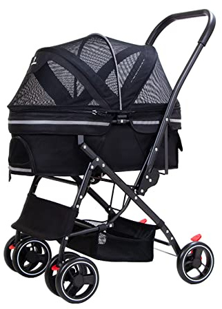 Faltbarer Haustier-Kinderwagen für Katzen und Hunde, Reisekinderwagen, luxuriöse Hundebuggys für kleine und mittelgroße Welpen, Jogging-Kinderwagen mit Aufbewahrungskorb, universell (schwarz) (schwa
