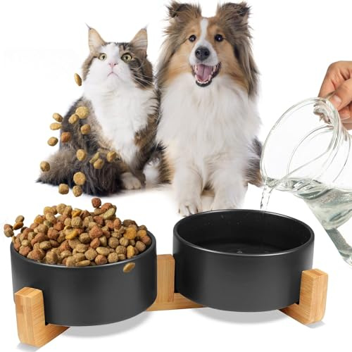 MERSJO Lot de 2 gamelles en céramique pour chiens et chats - 2 x 400 ml - Double gamelle - Noir