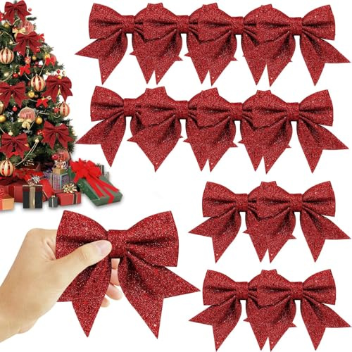 BGTLJKD 12 Pièces 18x13cm Noeud de Ruban de Noël Grande Taille Arcs de Noël Pailletés Nœuds Décoratifs de Noël Nœuds Papillons pour Couronnes de Noël, Cadeaux, Décorations d'arbres (Rouge)