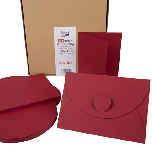 PresentFill® - blanko Falt-Karten inkl. Briefumschläge mit Herz Verschluß - 25er Set - Bordeaux Rot - Klappkarten zum selbst gestalten, beschriften oder bedrucken - DIN A6 / C6