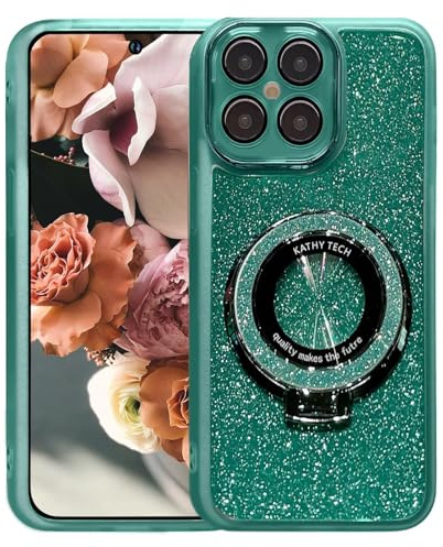 BEENTRYS Transparent Glitter Case for Honor X6B,Magnetic Ring Holder Bling Sparkle Girl Women Clear Silicone TPU Shockproof Phone Case Cover for Honor X6B-Green
