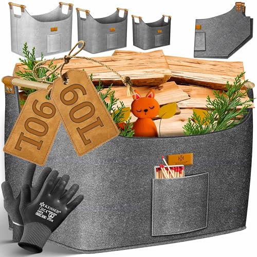 KESSER® Brennholzkorb 90 Liter | Kaminholztasche extra dicker Filz | Feuerholzkorb faltbar mit verstärkten Holzgriffen | Aufbewahrungskorb für Holz, Zeitung oder Brennholz | Inkl. Arbeitshandschuhen