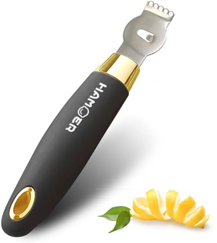 HAMOER Lemon Zester Tool with Channel Knife Citrus Twist Making Tool Ergonomic Curved Handle Gold-Black