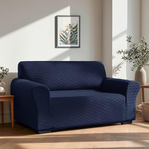 Deconovo Copridivano Elasticizzato 2 Posti con Braccioli – Antigraffio per Gatti, Copertura Moderna Antimacchia, Protezione Lavabile per Divano in Soggiorno, Blu Navy