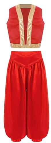 Runhomal Conjunto de Baile Oriental para Niño Chico Disfraz Chaleco Príncipe Árabe Disfraz Carnaval Halloween 5-16 Años Rojo 11-12 años