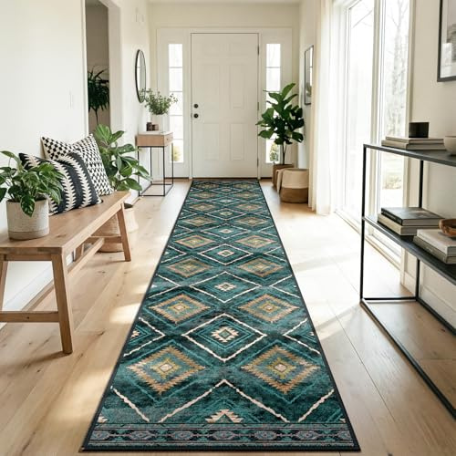 DEFYNEE Tappeto passatoia da corridoio, 60 x 300 cm, antiscivolo, tappeto a pelo corto, lavabile, pieghevole, design boho, per corridoio, cucina, soggiorno e ufficio, verde petrolio