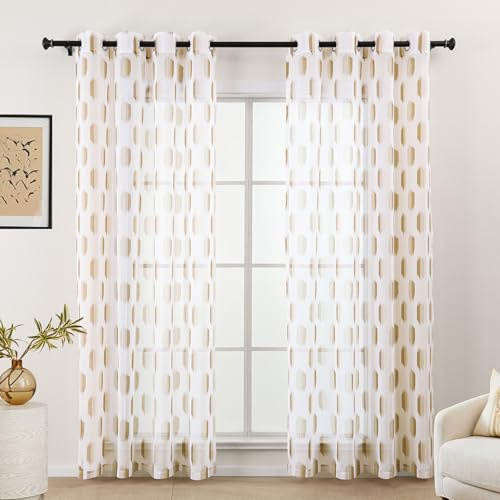 L.Z.E Gardinen Braun Weiß, Vorhänge für Wohnzimmer, Vorhang Braun Weiss für Schlafzimmer, 245 cm Lang, mit Ösen, Transparent, Geometrisches Design, 2er Set Gardinenschal Ösenschal (LZE2237E-BR245)
