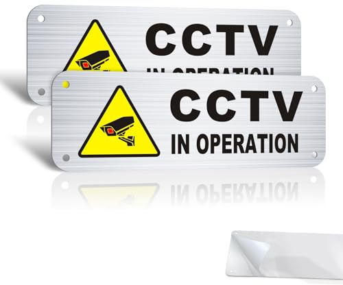 2 Pack CCTV in Operation Sign,15x5cm CCTV Signs with Self-Adhesive, Metal Aluminum CCTV Stickers for Windows,with Pre-Drilled Holes,for Home and Business,Outdoor Indoor Use