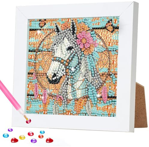 DOMROM Diamond Painting Kinder mit rahmen Pferd, Tier 5D Diamant Painting Bilder ab 6 Jahre, DIY Mosaikherstellung Arts Craft Home Wand Decor für Kinder Erwachsene