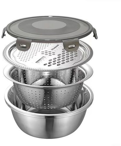 Edelstahl Rührschüssel Set mit Reibe Deckel, 4 Stück Abflussschüssel Sieb Küche Lebensmittelbehälter, mit Silikonabdeckung für Gemüse Obst Lagerung
