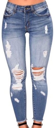 FeMereina Womens High Waist Denim Jeans Shaping Legs Distressed Boot Cut Ripped Trendy Cropped Cargo Skinny Stretch Pants (Light Blue, 2XL)