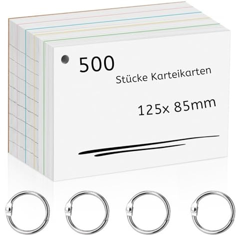 Agoer Lot de 500 Fiches Bristol Blanches, Flashcards Perforées Lignées impression recto-verso, 125 x 85 mm, cartes de révision avec couverture en kraft et anneau, cartes d'apprentissage,vocabulaire