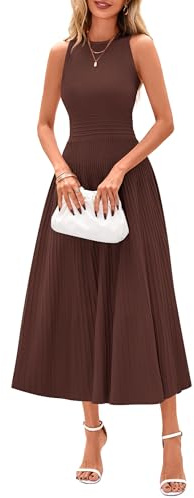 PRETTYGARDEN Spring Casual Dresses for Women 2026 Summer Business Work Midi Sleeveless A Line Pleated Cocktail Dress(Brown,Medium)
