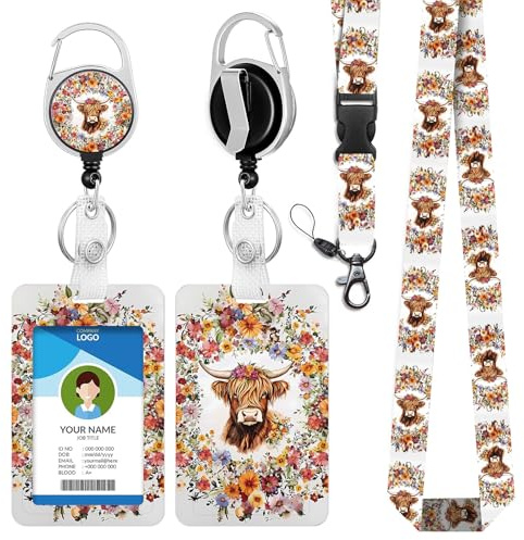 bolimoss Highland Cow Schlüsselband mit Kartenhalter, niedlicher Buspasshalter für Kinder, Vintage-Blumen, Lehrer-Schlüsselband mit Ausweishalter, einziehbarer Schlüsselanhänger, Abzeichenrolle