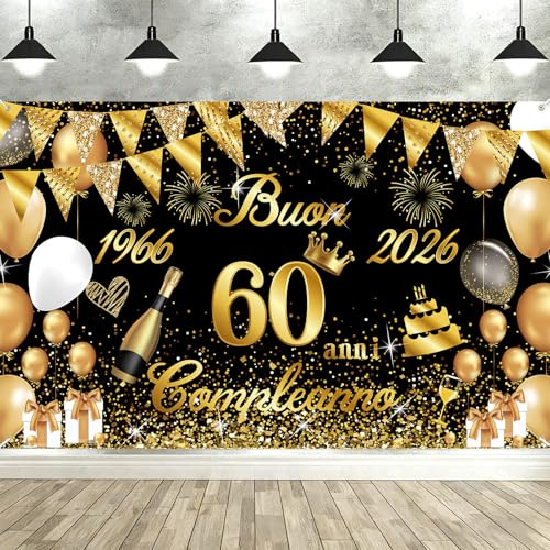 Striscione Buon Compleanno 60 Anni 1966-2026, Seutgjie Decorazioni Compleanno 60 Anni Donna Uomo per Anniversario Oro Nero 180 x 110 cm