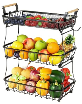 Ribech Corbeille à Fruits à 3 Étages, Panier de Rangement Métallique Multifonction pour Cuisine/Salon, Organisateur de Fruits Légumes Snacks, Design Vintage avec Revêtement Poudré Antirouille, Noir