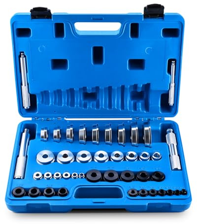 FreeTec Jeu de 43 pièces de pilotes de roulement et d'étanchéité avec 39 adaptateurs et 4 poignées en aluminium, kit d'outils de montage pour roulement de roue, dans un coffret