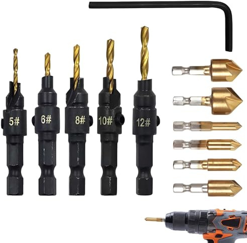 12 PCS Wood Countersink Drill Bit Set Drill Bit Sets Counter Sink Drill Bits For Wood Countersink Bits, 6 Pcs Hexagonal Shank Five-Flute Chamfer Tooland 5 Pcs Woodworking Drilling Bits 1 Wrench