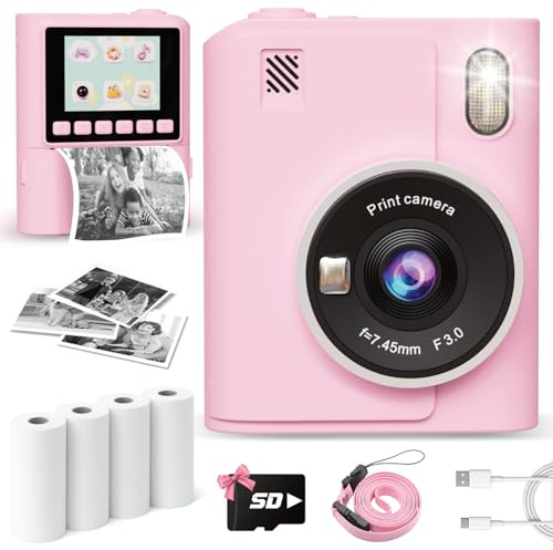 Instant Print Camera for Kids, 1080P Instant Digital Print Cameras for Toddler, Portable Toy for 3 4 5 6 7 8 9 10 Year Old Girl, Christmas Birthday Gifts for Girls Boys with 32GB SD Card Pink