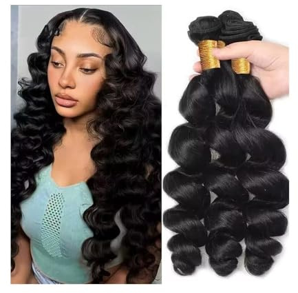Extensiones de cabello humano Remy brasileño suave for mujer, 3 unidades, ondas sueltas, 30-81 cm, color negro natural Quick Weave(18 18 18)