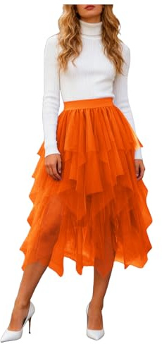 Tüllrock Damen Karneval Elastisch Kostüm Ballett Tüllrock 50er Tütü Rock Abschlussball Party Faltenkleid A-Linie Midirock High Waisted Rock S-XXL