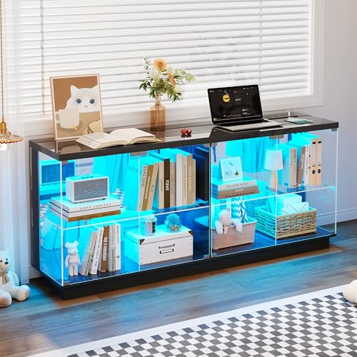 RGB Glasvitrine TV-Schrank mit Menschlicher Sensor für Wohnzimmer,Schwarz | Niedriges Vitrine mit LED Beleuchtung,Steckdosen und Verstellbare Glasböden,Glas Sideboard mit USB für Schlafzimmer