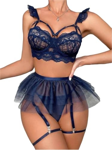 Rayson Set di Lingerie da Donna in Pizzo Completo Intimo con Reggiseno con Ferretto e Gonna Corta con Spalline
