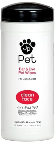 John Paul Pet Ear & Eye Pet Wipes for Dogs and Cats, 2 in 1, Safe, Clean Face, Infused with Aloe, pH Balanced, Cruelty Free, Paraben Free, Made in USA, Unscented, White, 7 x 7