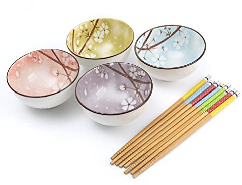 lachineuse - Coffret 4 Bols Japonais Fleurs de Cerisier Sakura ⌀ 11cm - Bols à Riz, Poke Bowl, Petit Déjeuner, Apéritif & Soupe - 4 Paires de Baguettes - Bol Asiatique Japon - Cadeau Vaisselle