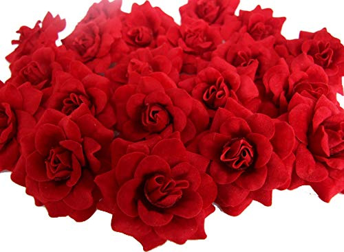 ICRAFY (24) Silk Dark Red Roses Flower Head - 1.75 - Artificial Flowers Heads Fabric Floral Supplies Wholesale Lot for Wedding Flowers Accessories Make Bridal Hair Clips Headbands Dress