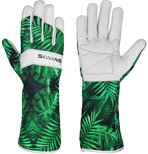 Leather Gardening Gloves Ladies Men/Women Short & Long Forearm Protection Thorn Proof Breathable Spandex Goatskin Leather Rose Pruning Garden Safety Work Gloves, Best Garden Gifts (Long Gloves, S)