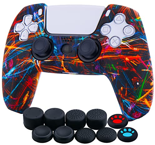 YoRHa Silicona Espesar Impresión Funda Piel Carcasas Cubierta Compatible de PS5 Mando x 1 (Haz de Noche) con Agarres para el Pulgar x 10