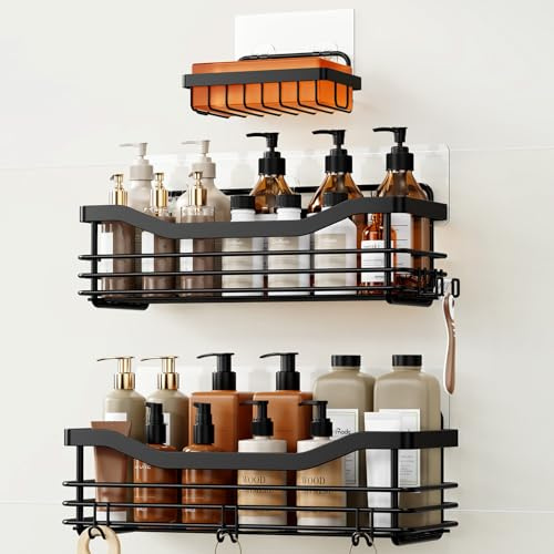 Orimade Duschablage ohne bohren mit Seifenschale-Duschregal Edelstahl | Rostfrei Duschkörbe und 5 Haken,Ablage Dusche für die Dusche Badezimmer, Regal Organizer Selbstklebend,3 Stück,Schwarz