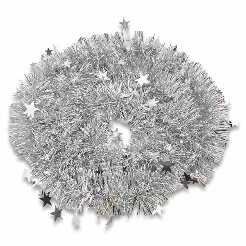Tradineur - Guirnalda navideña Plateada con estrellitas, 180 cm, diámetro 10 cm, espumillón Brillante Gris Plata, oropel Colgante, decoración Navidad, árbol, chimeneas, Fiesta de cumpleaños, Bodas