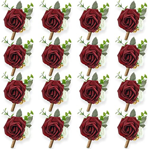 MTLEE 15 Pcs Burgundy Boutonniere for Men Rose Wedding Boutonniere with Pin Groom Groomsmen Buttonholes Man Corsage for Vintage Wedding Ceremony Dinner(Wine Red,Classic)