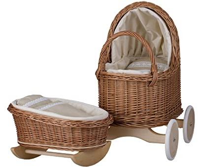 e-wicker24 Alles aus Weide Puppenwagen und Puppenwiege aus Weide mit Bettwäsche in Pink (Beige)