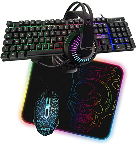 Pack Gamer AMSTRAD Battle 5 pièces: Clavier, Souris & Tapis, Casque & Adaptateur. USB & Retro-éclairage RGB