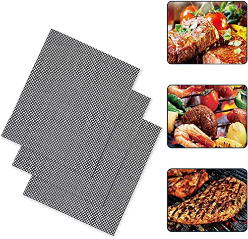 BBQ Mesh Grill Mat, 100% Non-Stick, Reusable Grilling Mesh, baking mats, Heat Resistant BBQ Teflon Grill Mats for Charcoal, gas grilling, Cooking, Baking, Barbecue and Oven, 40 x 33 cm, Mat Set 3 PCS
