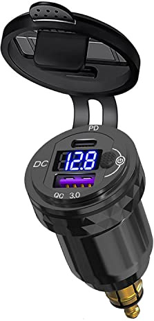 DIN Stecker zu USB 3.0 + USB C PD 20W Adapter mit Voltmeter und Taste Schalter Ladegerät Typ C USB Stecker für 12V-24V Ducati, Triumph, BMW Motorräder im europäischen Stil (Schwarz)